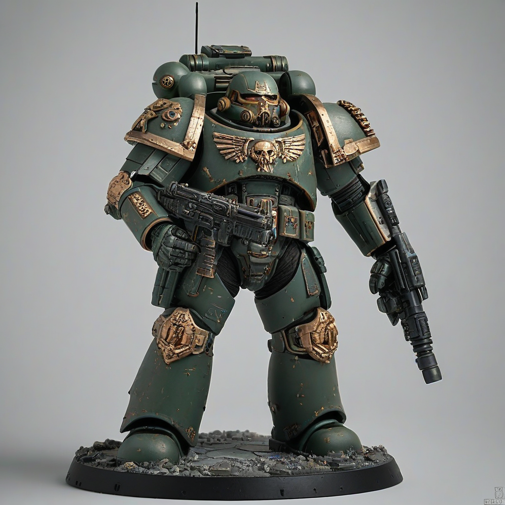 Genera un modello 3d di un soldato futuristico vagamente ispirato ad uno space marine di Warhammer 40k. Il soldato indossa un'armatura potenziata, on a plain white background, even lighting