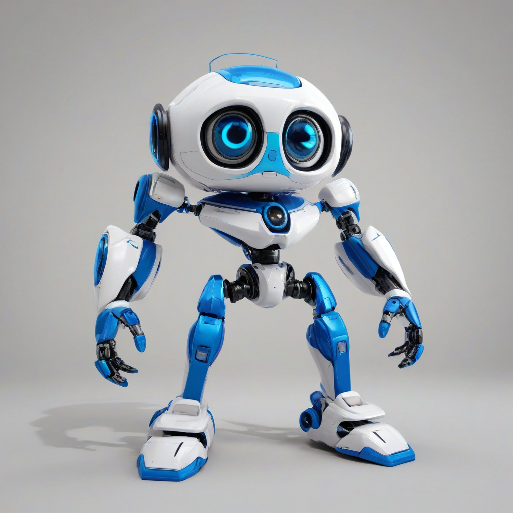 A cute, blue and white video game robot with a body, big eyes, and a face, standing in a full-body view with its feet visible, on a plain white background, in a comic book art style with bold lines and bright colors, with a wide-angle shot and soft lighting, on a plain white background, even lighting, on a plain white background, even lighting 