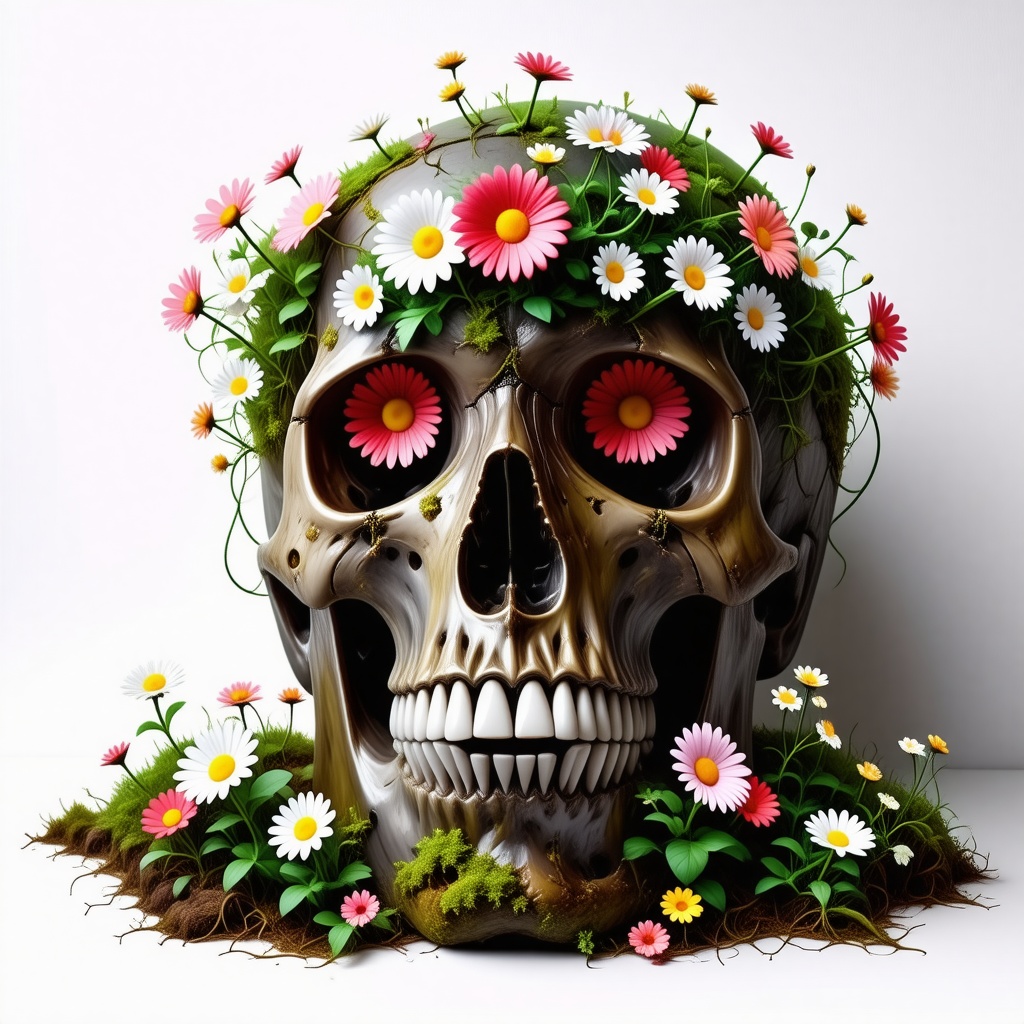 A skull with patches of moss covering it. There are dozens of colorful daisies growing out of the eye sockets