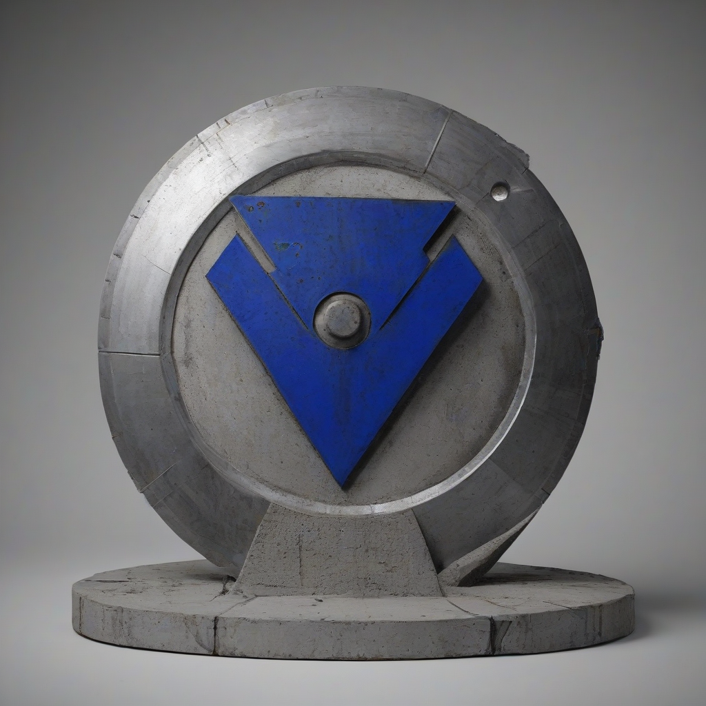 A large, brutalist-style shield with a royal blue color scheme, featuring a wide shot of the shield with its base visible, on a plain white background, with a mix of concrete and metallic textures, and a sense of ruggedness and durability, in a digital art style with bold lines and geometric shapes.
