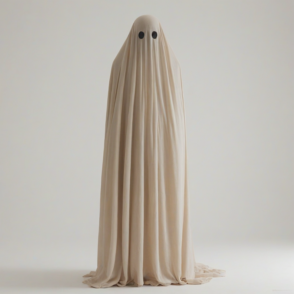A translucent, tan ghost with a melancholic expression, standing in a wide shot with its feet visible, set against a plain white background, created in a photorealistic style with high attention to detail and texture, incorporating subtle shadows and lighting to enhance the eerie atmosphere, on a plain white background, even lighting 