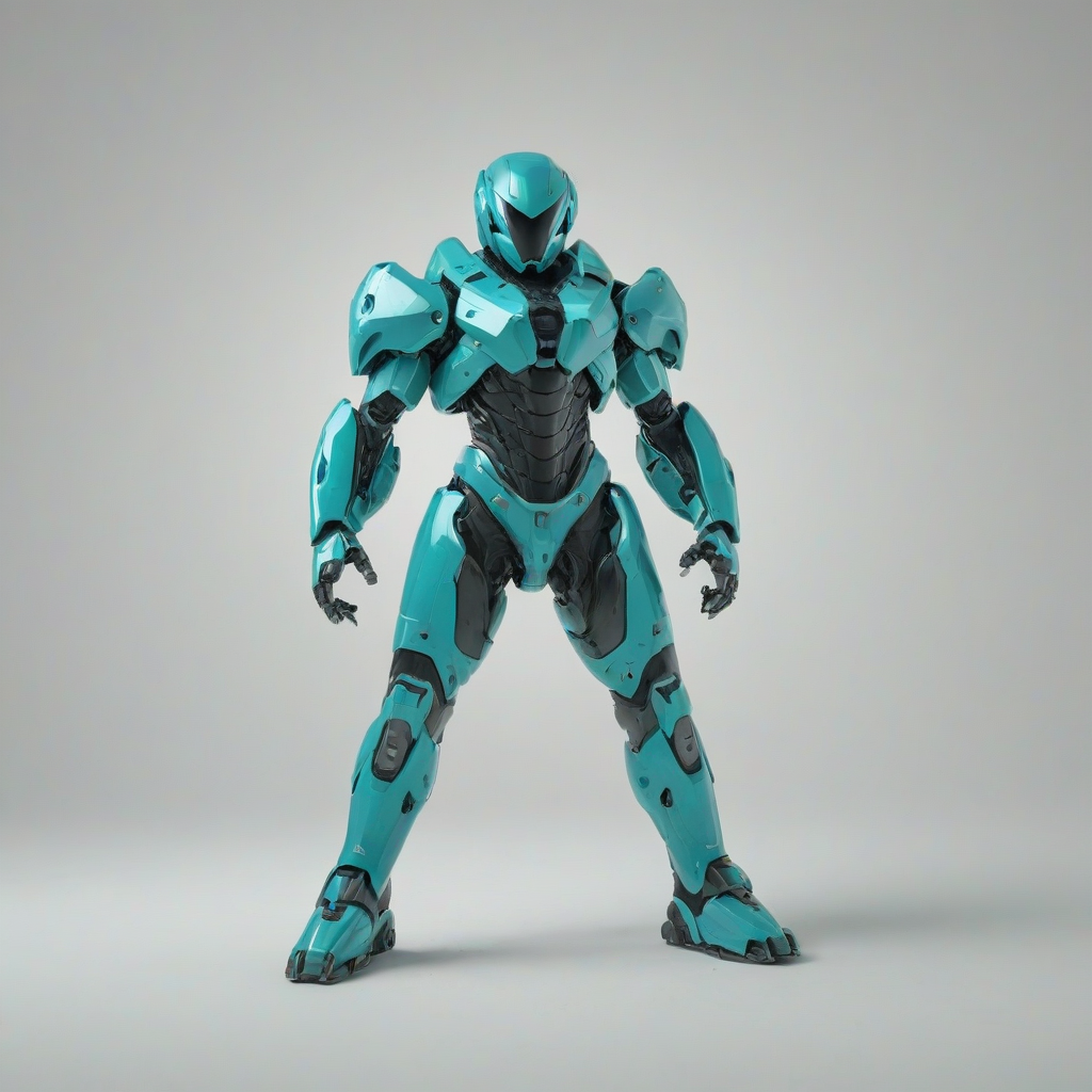 A full-body view of a turquoise mech suit with a minimalist design, sleek and modern lines, against a plain white background, with a wide-angle shot and soft, natural lighting, in a digital art style with a subtle gradient effect