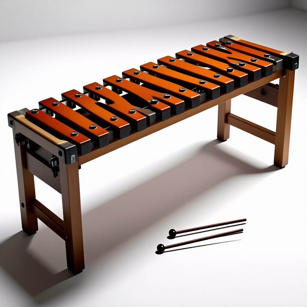 A xylophone, full-body view, on a plain white background, with a wide shot, feet visible, made of wood, with metal keys, in a realistic style, with soft lighting, and dynamic shadows