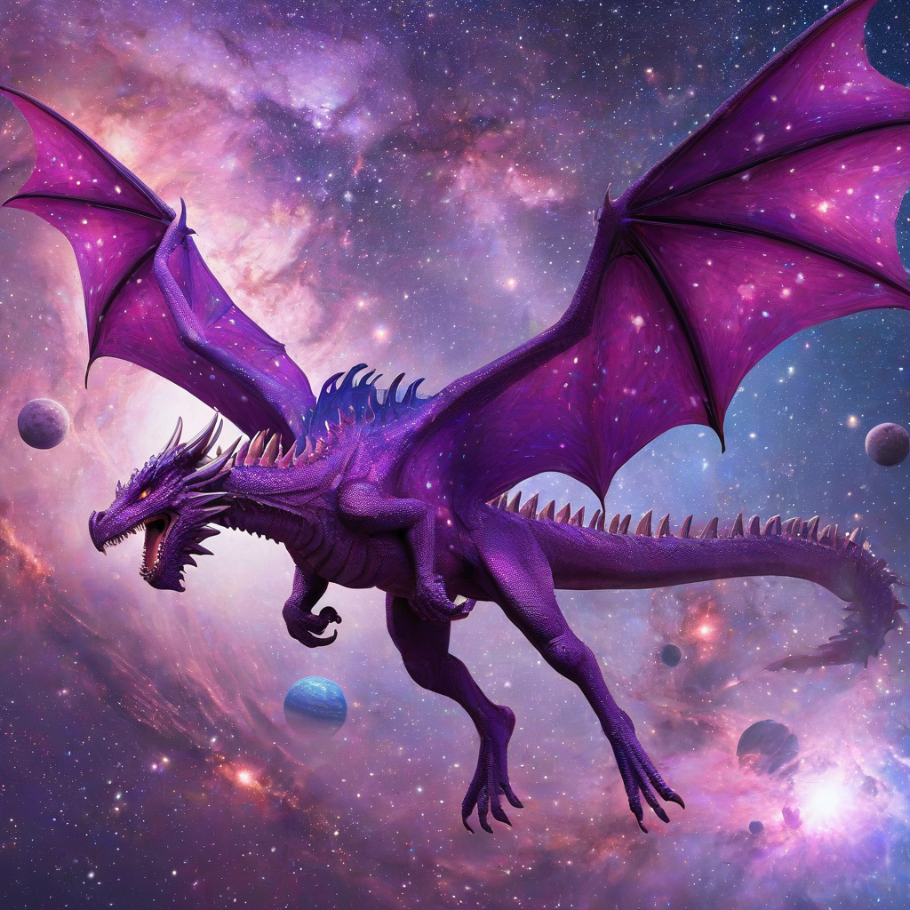 A large, majestic purple dragon with iridescent scales and wings spread wide, flying through the galaxy with stars and planets in the background, in a wide shot with the dragon's feet and tail visible, on a plain white background, in a digital art style with vibrant colors and dynamic lighting