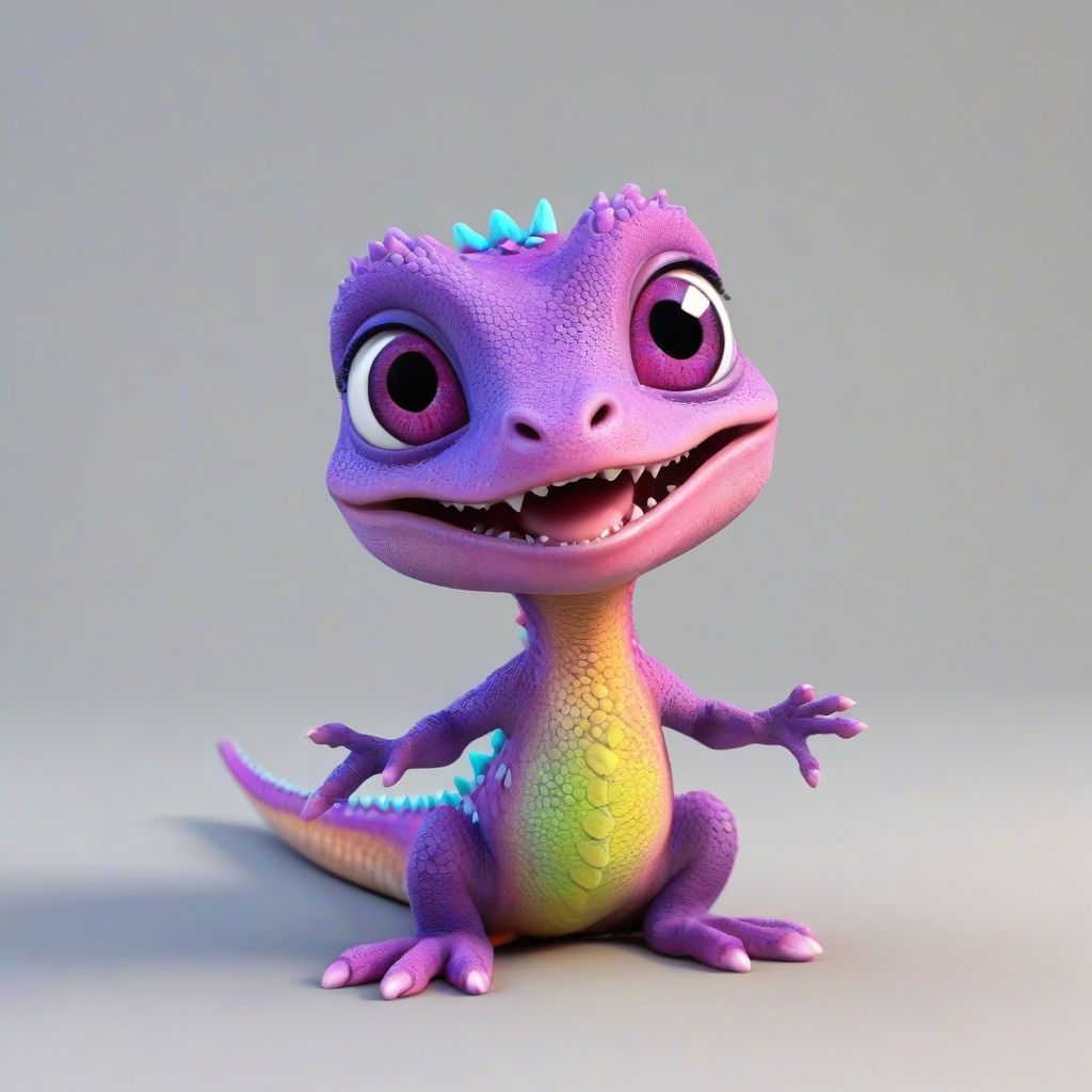 3d cartoon animation, one animal that has a mix of a baby gecko and a baby dragon, bright pink and purple colors and vivid colors, large eyes, short body, round features, tiny nose, tiny feet, cute, happy expression on its face, only one in the shot, full body visible, on a plain white background, even lighting