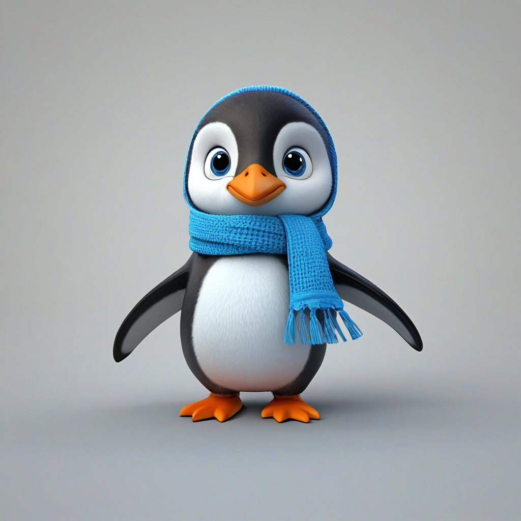 A cartoon style cute baby penguin wearing a blue scarf, in 3D animation style, full-body view, with bright and vibrant colors, standing on a plain white background, with a wide-angle shot, and dynamic lighting, featuring a small, rounded body, large eyes, and a tiny nose, with a happy and playful expression, on a plain white background, even lighting