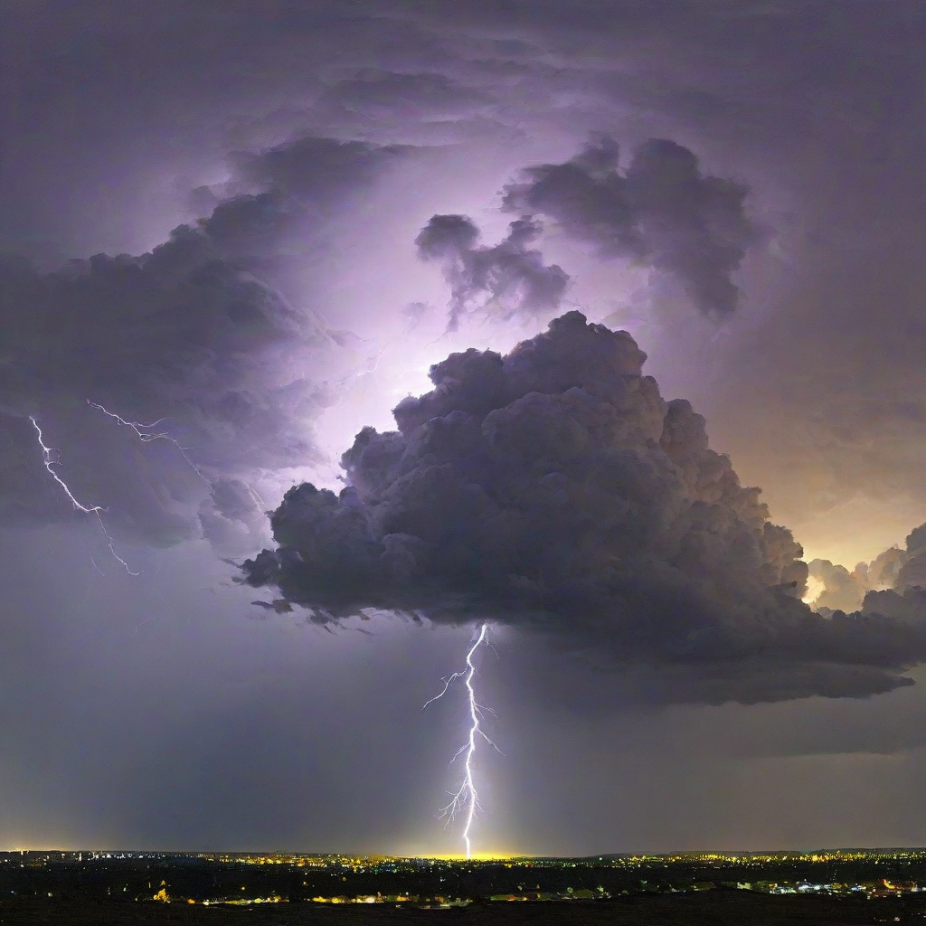 Beautiful photograph of of a yellow sky with purple, black, blue, and green thunder clouds with bright flashes visible within the storm to show lightning