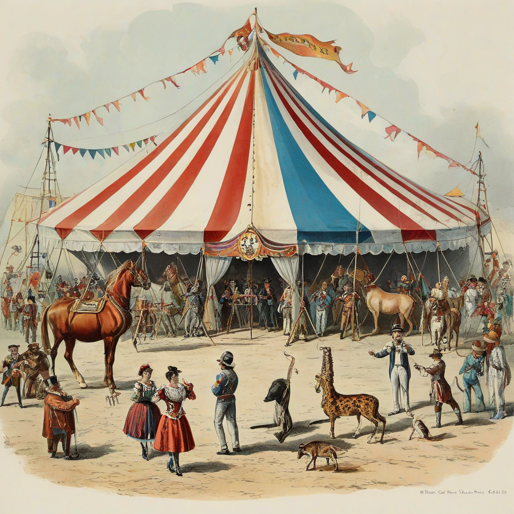 Colorful circus scene with big top tent, wide shot, plain white background, full-body view of performers and animals