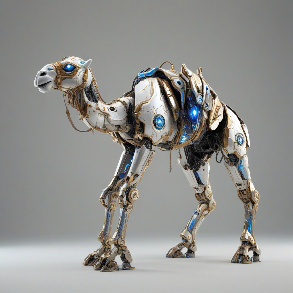 A futuristic camel mecha, full-body view, standing on a plain white background, with a metallic silver and gold body, glowing blue eyes, and a saddle on its back, in a wide shot, with dynamic shadows and a backlight, in the style of digital art, with intricate details and textures, on a plain white background, even lighting 