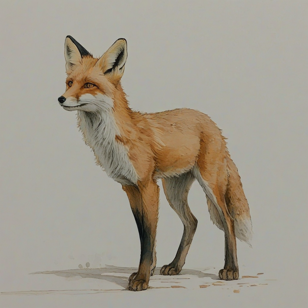 A muted, anime-style drawing of a fox with its feet visible, standing on a plain white background with even lighting, with a subdued color palette of earthy tones, on a plain white background, even lighting
