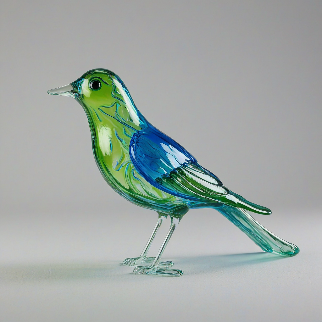 Bright blue and green bird made from hand blown glass, on a plain white background, even lighting