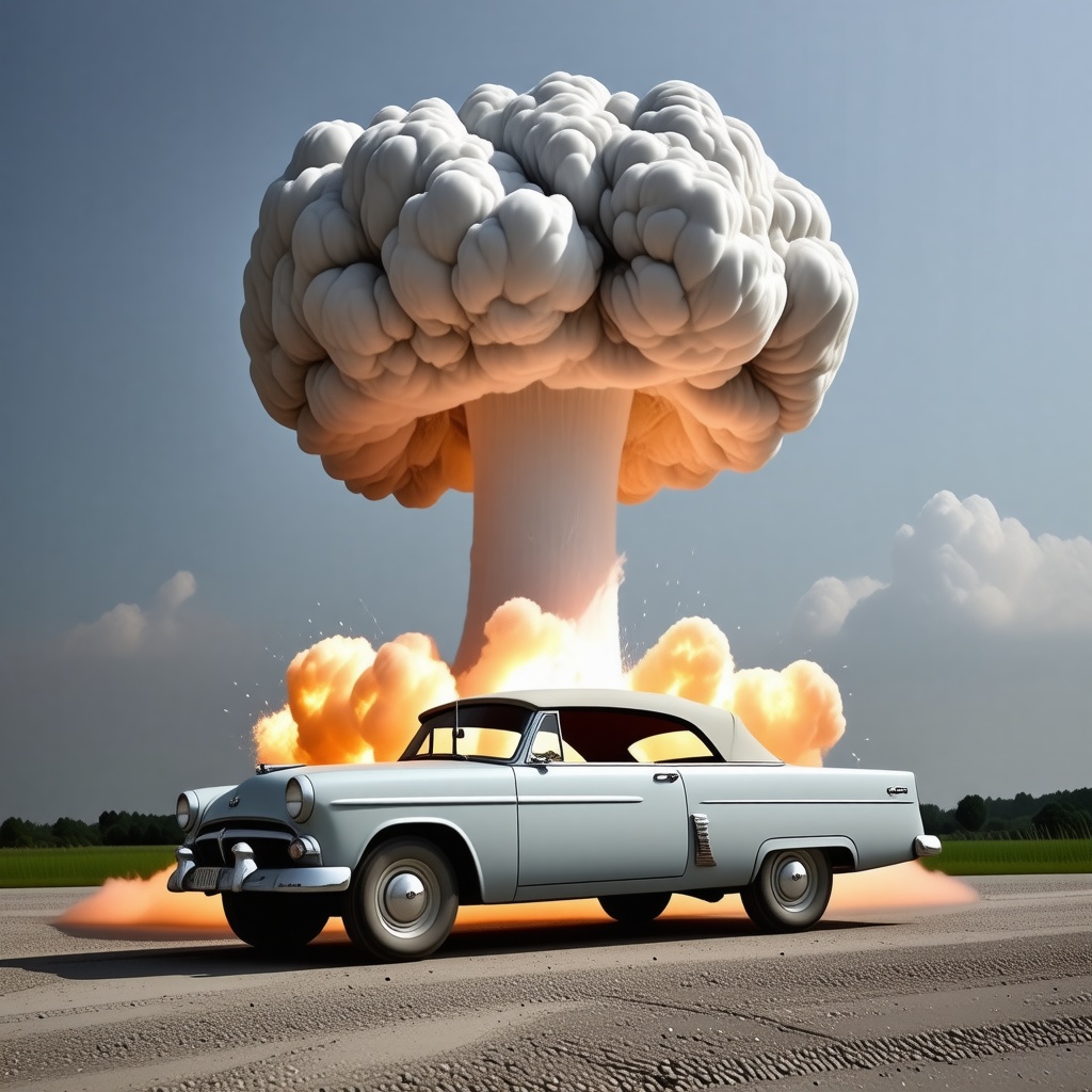 A mushroom cloud explosion coming out of a 1950s Ford convertible