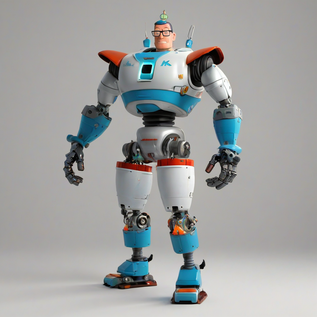 A full-body view of Mecha Hank Hill, a robot version of the character from the animated series King of the Hill, with a metallic propane tank on his back, standing on a plain white background, with a wide shot and feet visible, in a digital art style with bold lines, vibrant colors, and dynamic shadows, with color palette similar to the original Hank Hill character's design, on a plain white background, even lighting