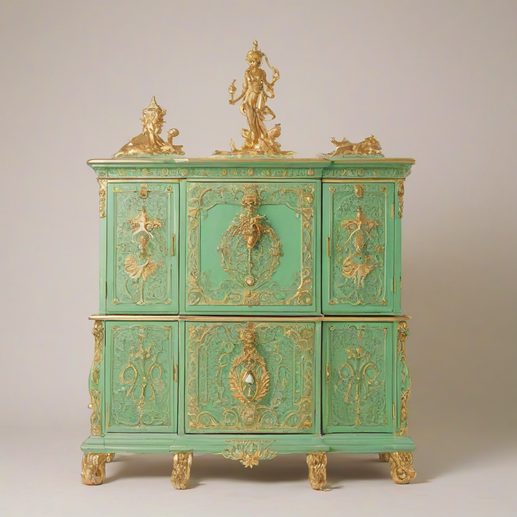 A vintage, emerald green, ornate chest, with golden accents and intricate carvings, in a wide shot, full-body view, on a plain white background, with a soft, dreamy, vaporwave aesthetic, and a subtle, pastel color palette, with a sense of nostalgia and retrofuturism