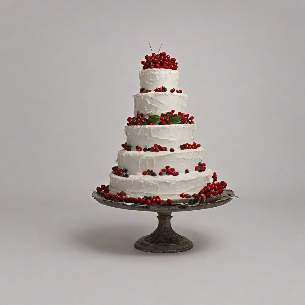 A Renaissance era birthday cake, roughly iced with white icing and adorned with red berries on top, placed on an iron platter, full-body view, wide shot, with the entire cake and platter visible, on a plain white background, in the style of a 16th-century still life painting, on a plain white background, even lighting