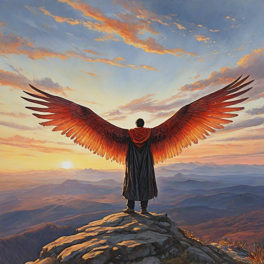A watercolor painting of a man with extremely baggy clothes, standing on a mountain top with a beautiful sunset and wispy clouds in the background, his wingspan 6 times his height, using the colors red, orange, yellow, and black, with fully formed feathered wings.