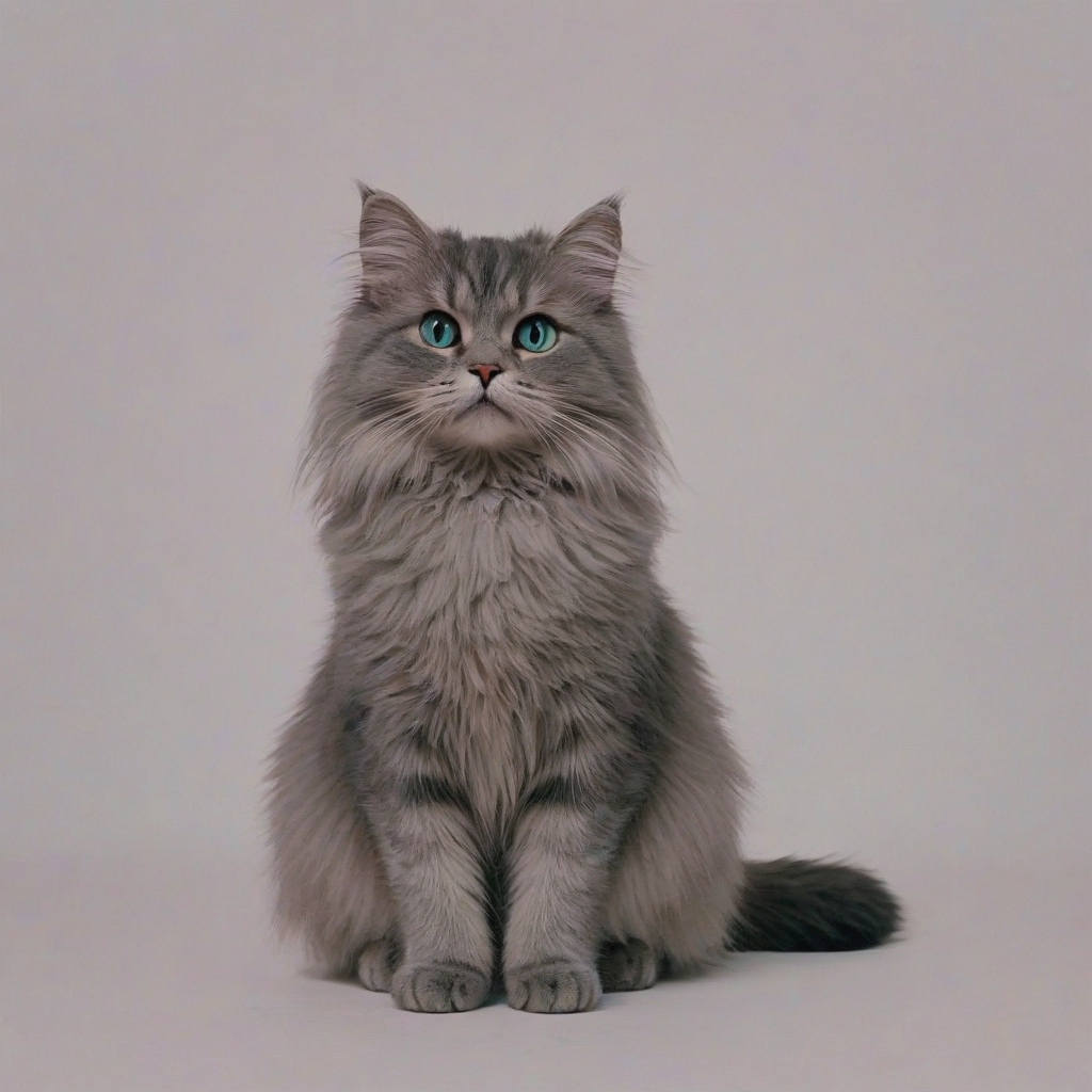 A full-body view of a cute, gray, fluffy cat, with a wide shot, sitting on a plain white background, in a vaporwave art style, with pastel colors and a dreamy atmosphere, with soft lighting and dynamic shadows, and a slight blur effect to give it a retro vibe, with the cat's fur and whiskers clearly visible, and its eyes looking directly at the viewer