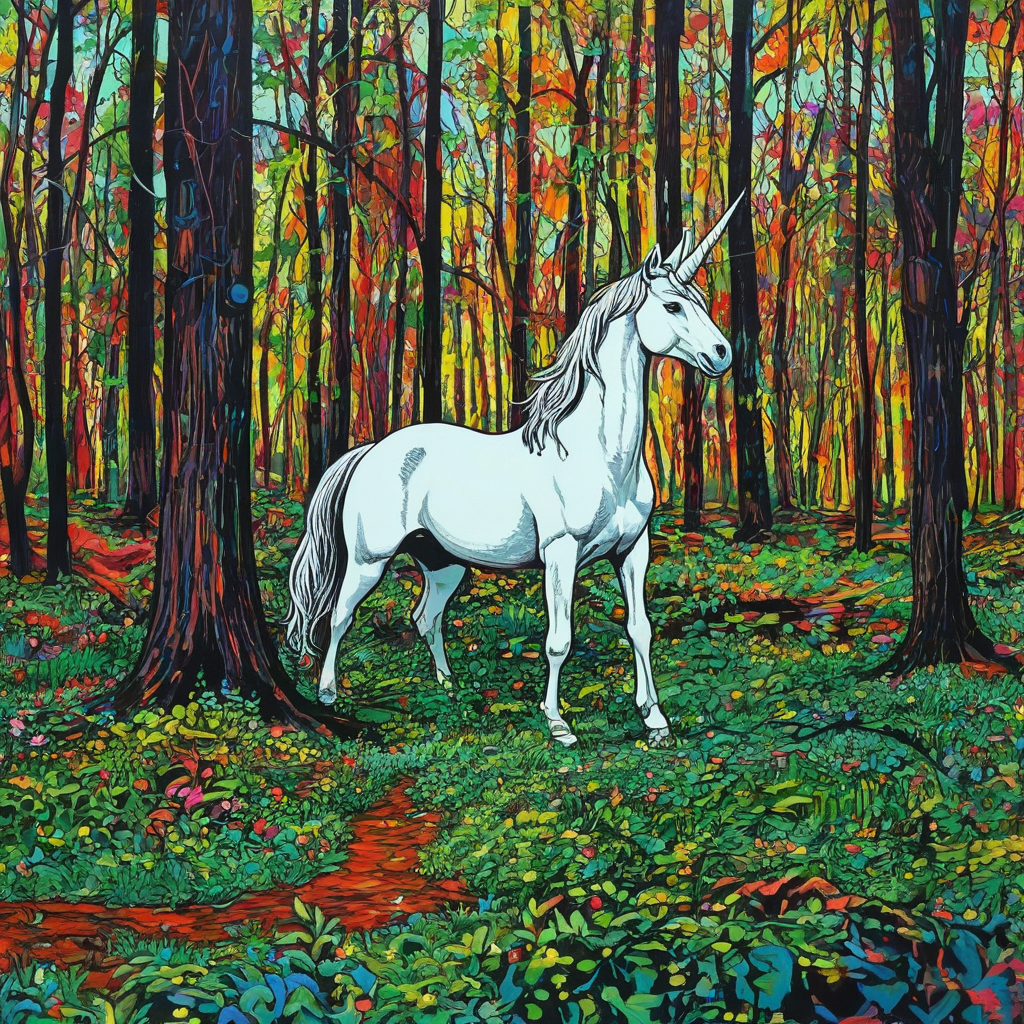Pop art painting of a unicorn in a forest