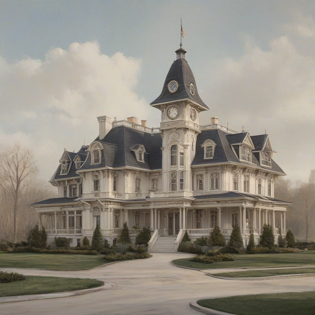 A grand, Second Empire Victorian architectural style mansion, with a mansard roof, wide eaves, and a central clock tower, set against a plain white background, in a wide shot with the entire mansion visible, including the grounds and a winding driveway, in the style of a detailed, realistic, and highly textured digital painting, on a plain white background, even lighting 