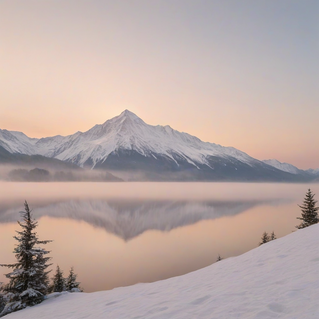 a serene and peaceful mountain landscape at sunrise, with a wide shot of the snow-capped mountains, a lake in the foreground, and a few trees scattered around, all set against a plain white background, with a warm and soft lighting, and a subtle mist effect to enhance the atmosphere, in the style of a digital painting
