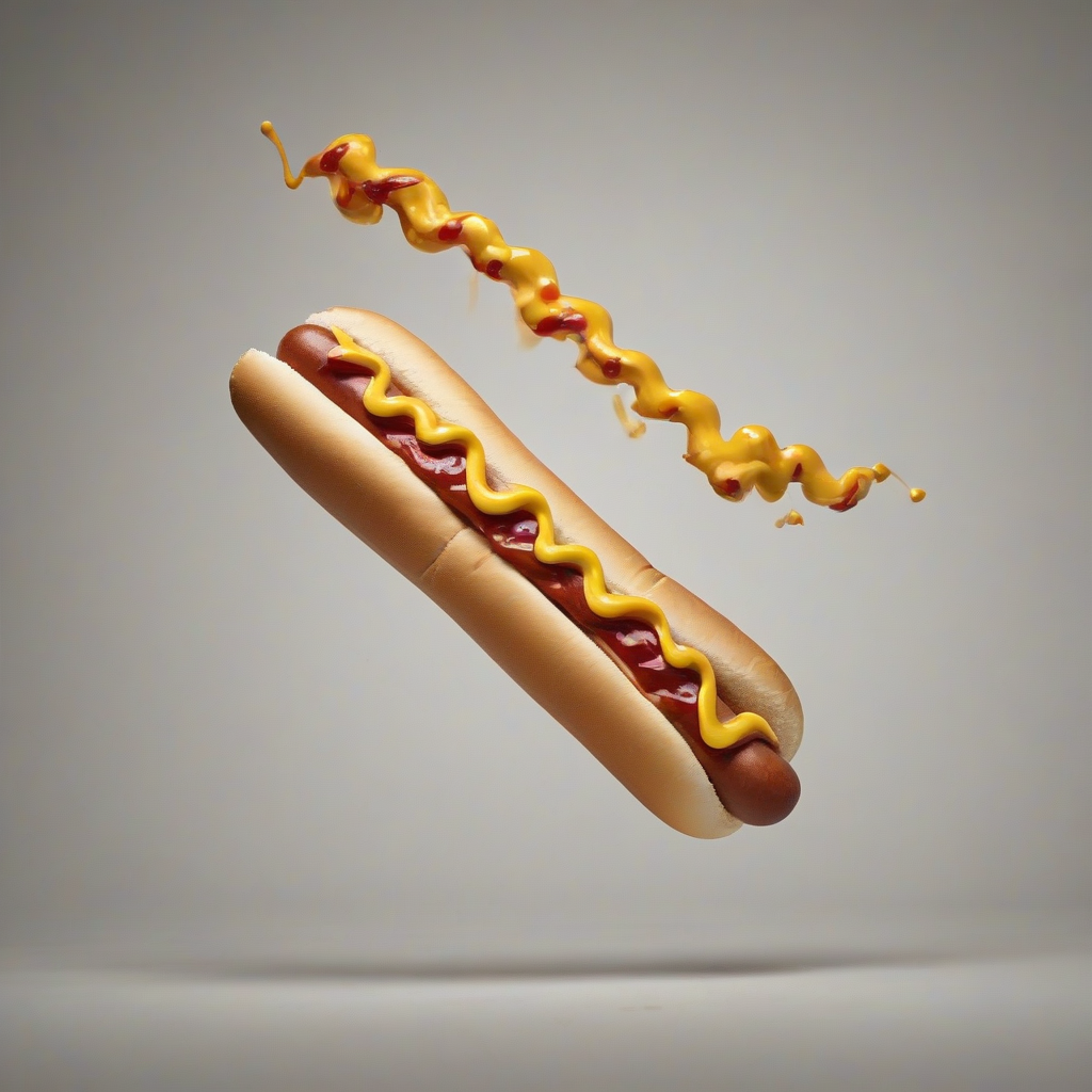 A hot dog in a bun with ketchup and mustard in a wavy pattern on the hot dog, full-body view, on a plain white background, with a wide-angle shot, and a focus on the hot dog, digital art style, on a plain white background, even lighting 
