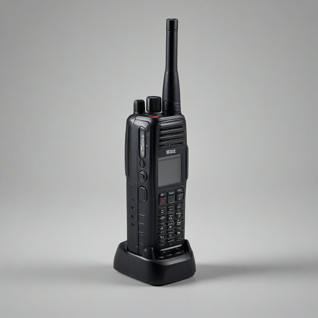 A cordless walkie talkie, full-body view, on a plain white background, with a wide-angle shot, featuring a sleek and modern design, dynamic shadows, and a backlight, with vibrant colors and detailed textures, on a plain white background, even lighting
