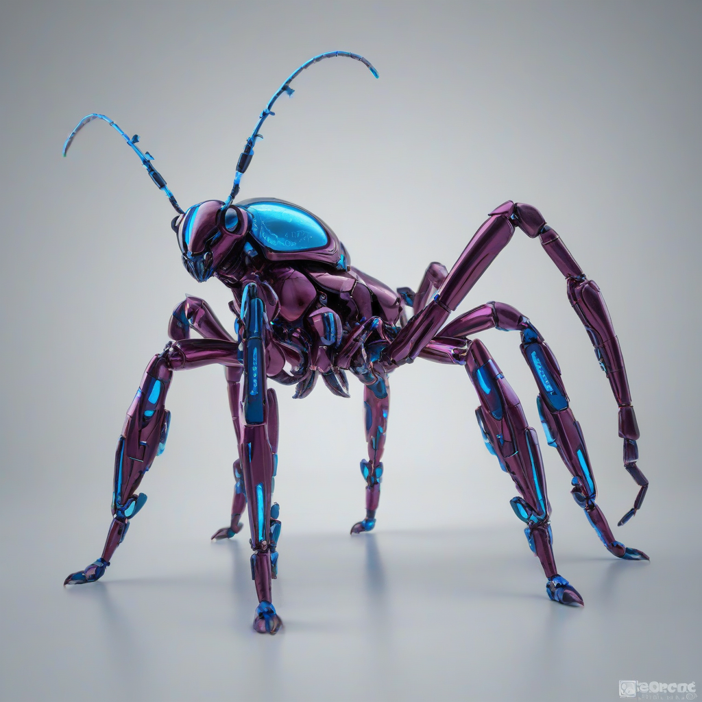 A futuristic, high-tech, cyberpunk-themed, full-body view of a plum-colored, metallic exoskeleton insect, with neon blue accents, sharp edges, and a wide shot on a plain white background, in the style of a digital illustration, with dynamic shadows and a backlight, and the insect's feet visible, on a plain white background, even lighting 