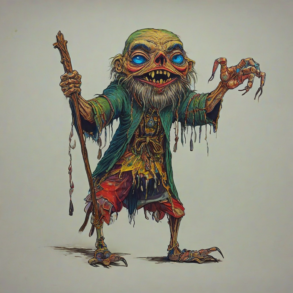 hand-drawn Baba Yaga mythical creature, vivid colors, full body visible, on a plain white background, even lighting
