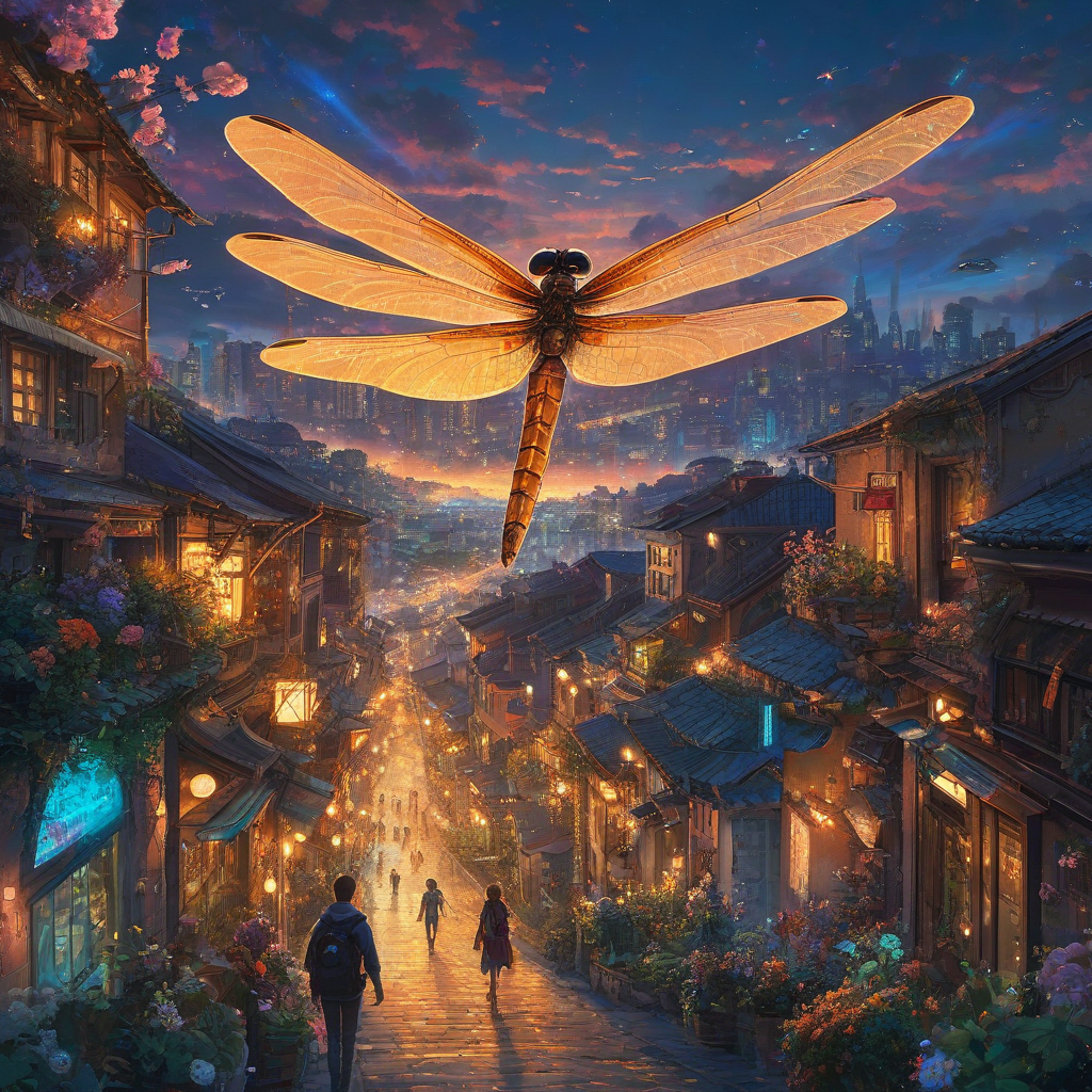 Gigantic bioluminescent dragonfly, mid-wing flap, soars over vibrant anime city, golden hour, people look up, one offers flower, Marc Simonetti style