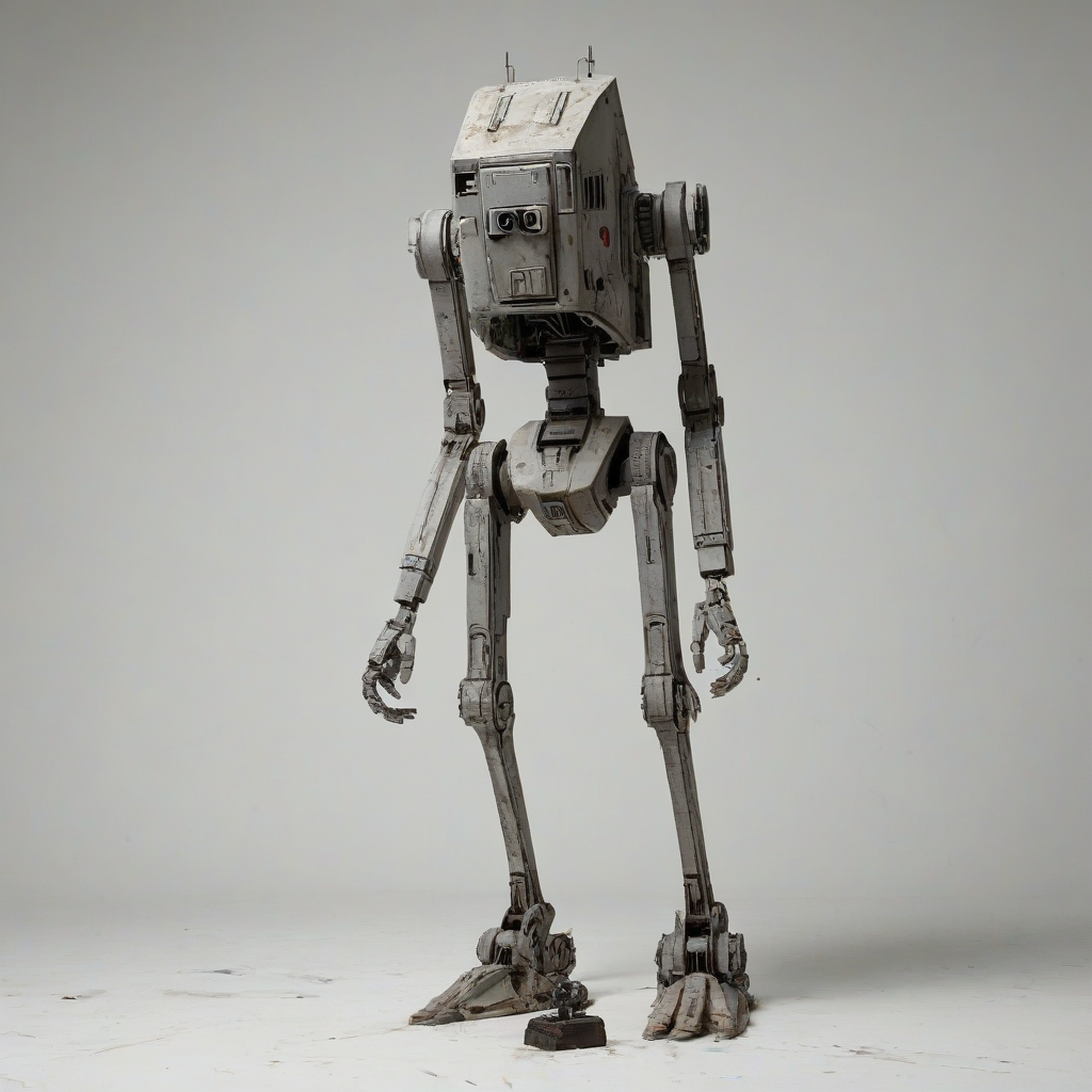 A World War 2 era AT-ST walker from Star Wars, with a full-body view, on a plain white background, in a wide shot, with visible feet, and a worn, battle-damaged appearance, in the style of vietnam war equipment, with a muted color palette and dynamic shadows, and a sense of grit and realism, on a plain white background, even lighting 