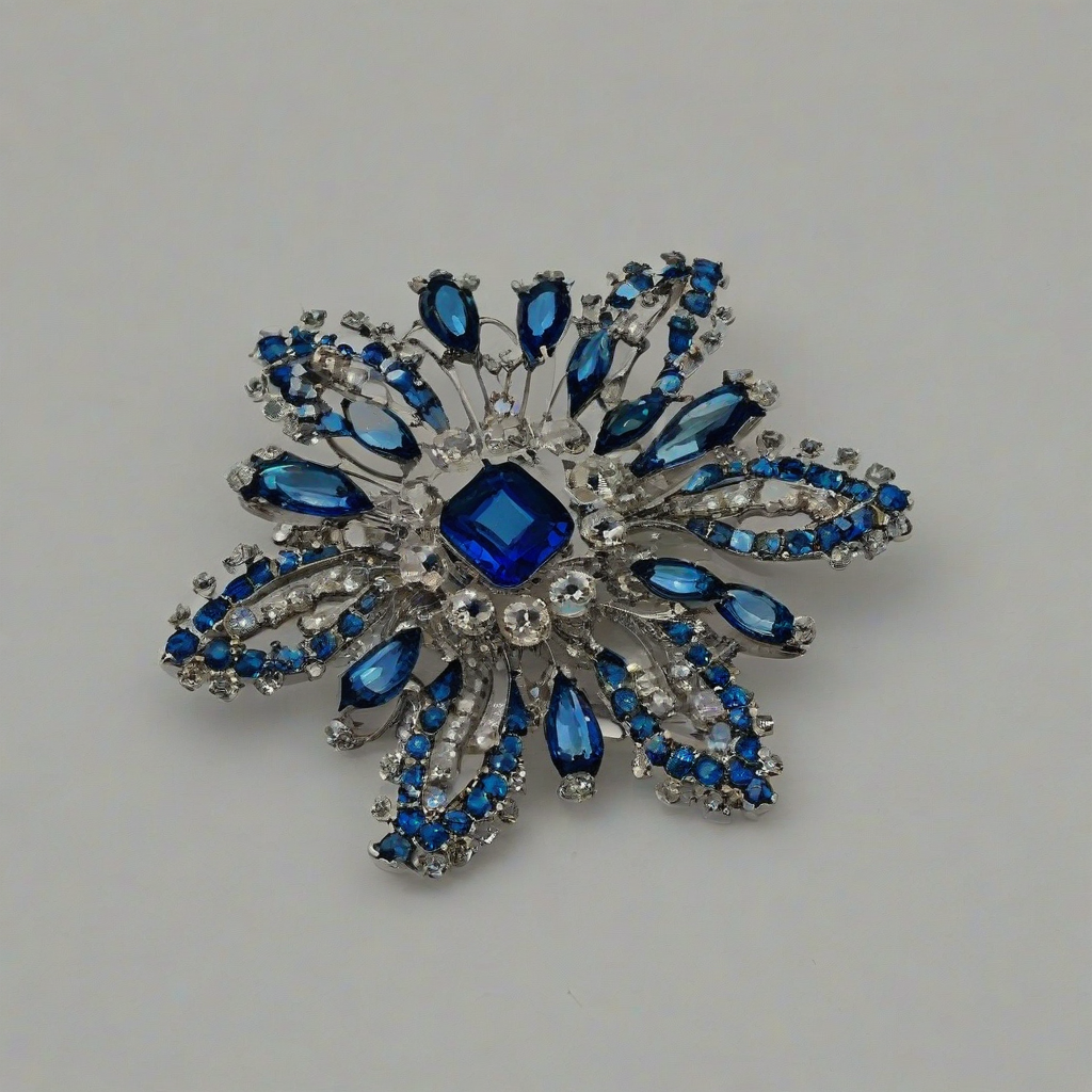 sapphire and rhinestone brooch, on a plain white background, even lighting