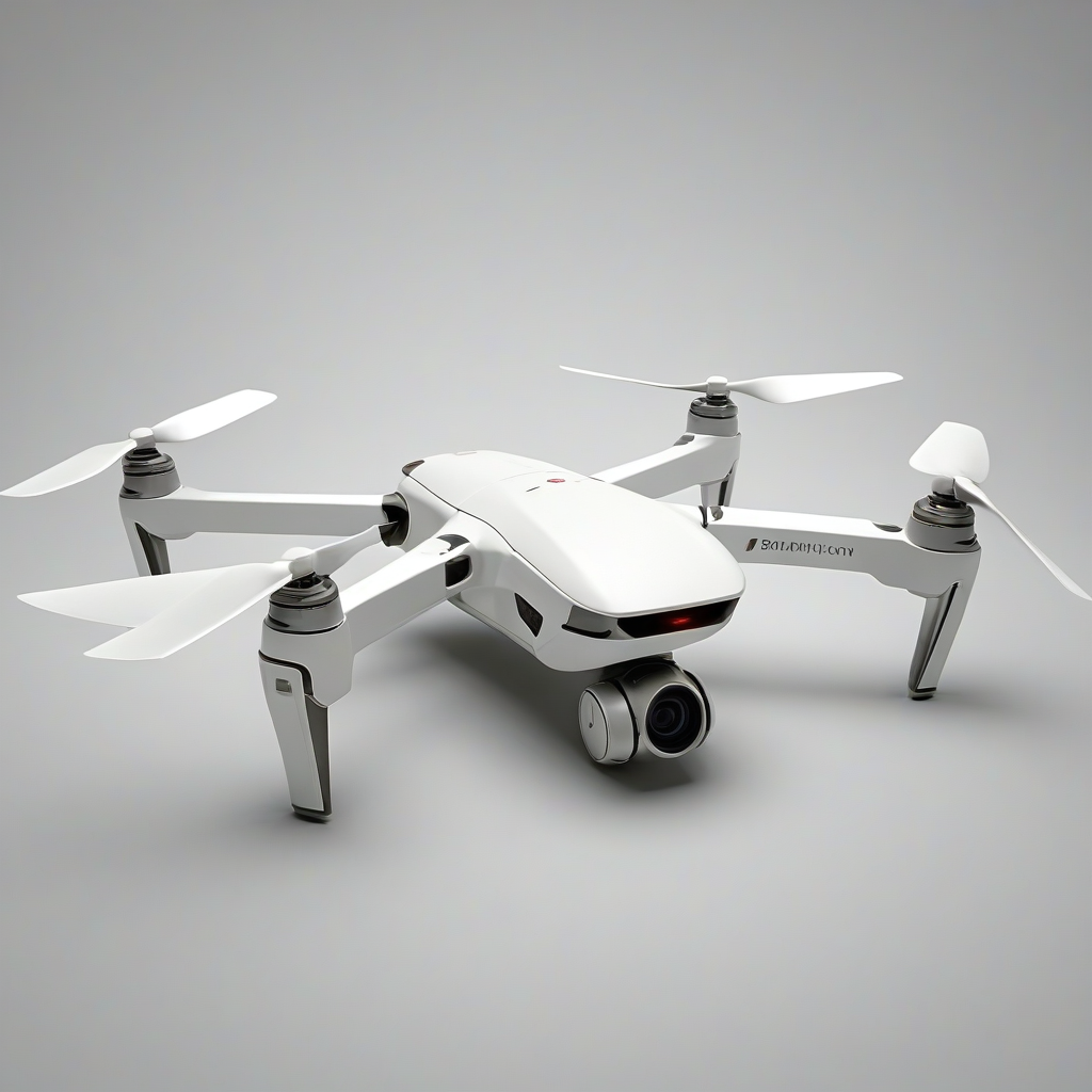 A minimalist, ivory-colored drone, with a sleek and simple design, in a wide shot, with the entire drone visible, including the propellers and landing gear, on a plain white background, with a subtle gradient of light to accentuate the drone's shape and features, in a digital art style with clean lines and minimal textures, on a plain white background, even lighting