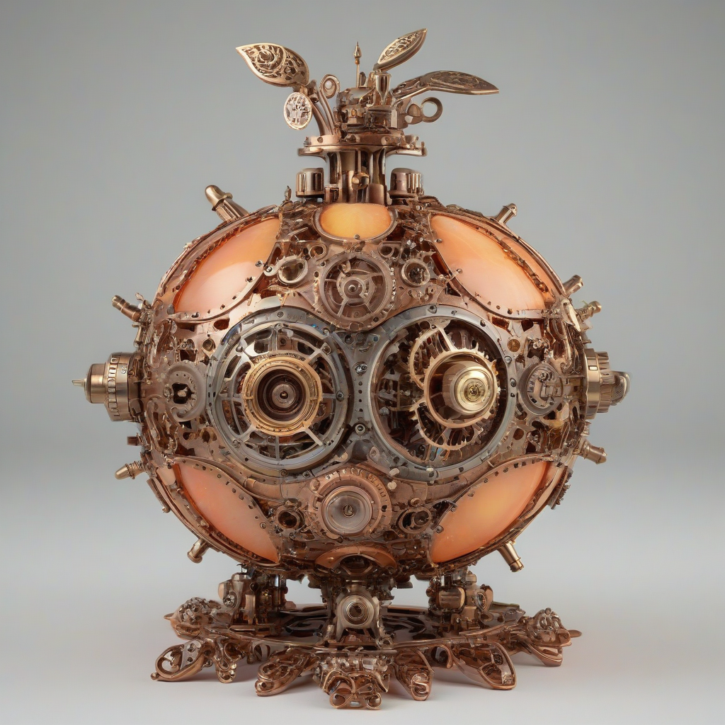 A highly detailed, full-body view of a magical Peach, a rare and ancient artifact, set against a plain white background, with a steampunk aesthetic, featuring intricate brass gears, copper filigree, and a soft, warm glow emanating from its core, with a wide-angle shot to capture its entire, ornate structure, and a sense of mysticism surrounding it, on a plain white background, even lighting, on a plain white background, even lighting 