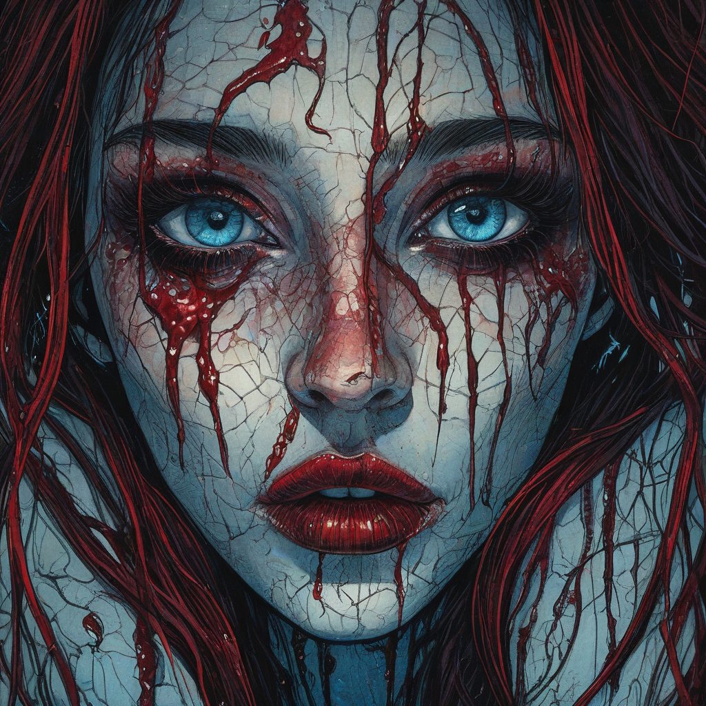 A Sam Guay-style illustration of a woman with dramatic goth makeup, bright blue eyes that glow in the darkness, a stud in her upper lip, deep red, greasy hair, and cracked skin, with blood dripping from the cracks, rendered in a close-up, high-contrast style reminiscent of a fisheye lens, with a focus on her face, under black lighting.