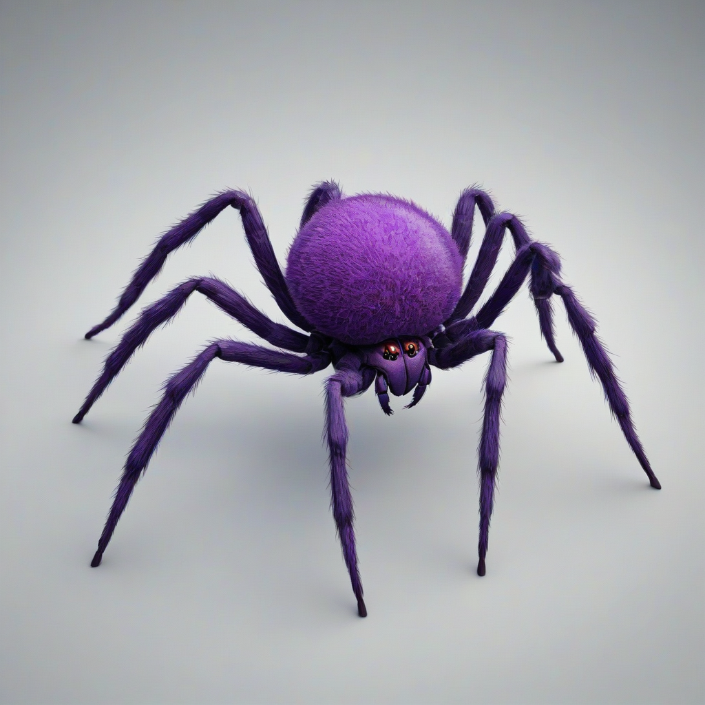 A cartoon style purple spider with a big round fluffy body and eight skinny legs, full-body view, on a plain white background, with a wide-angle shot, in the style of a digital illustration, on a plain white background, even lighting