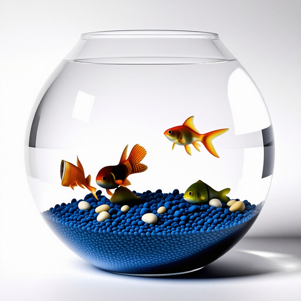 fish bowl with blue gravel and a gold fish in it