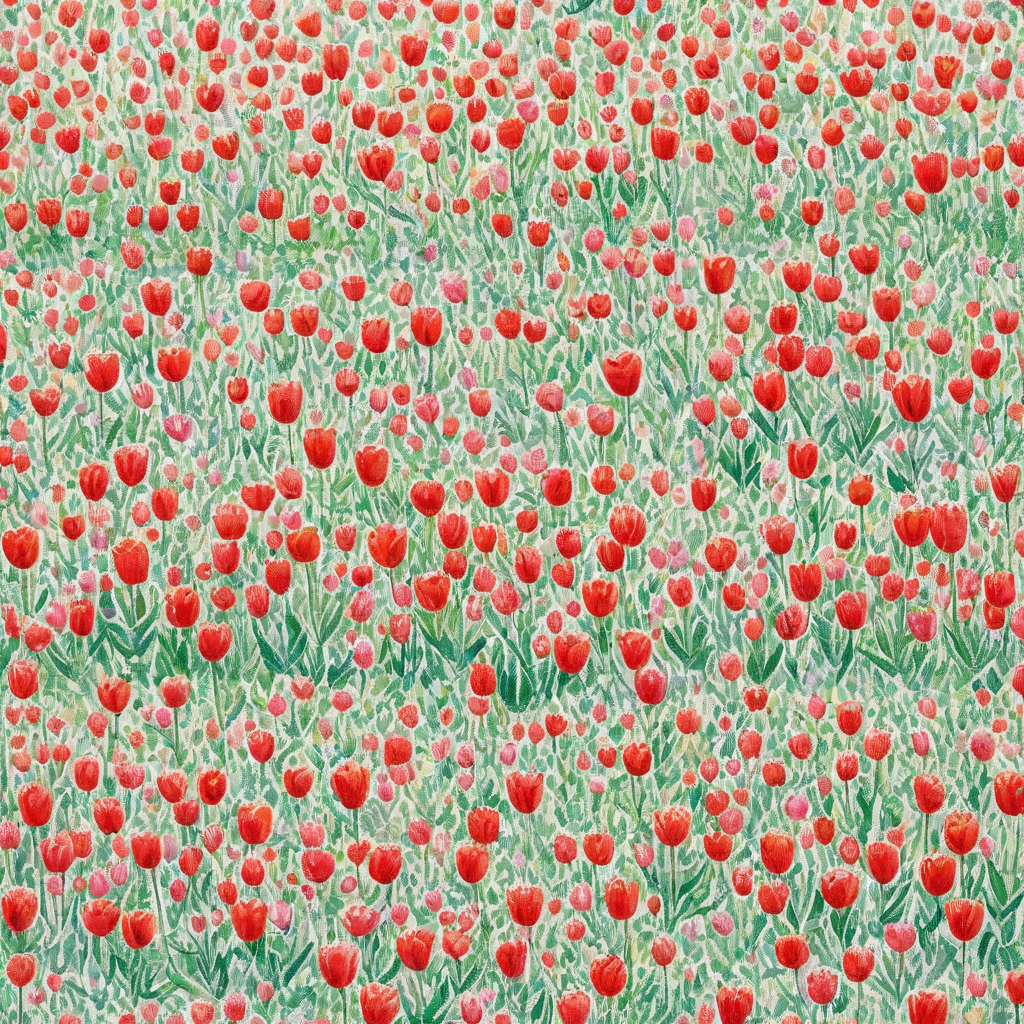 Pointillism painting of tulip field in Amsterdam, full-body view, wide shot, on a plain white background