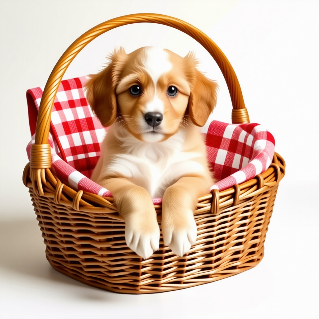 A small golden doodle puppy sitting inside of a picnic basket