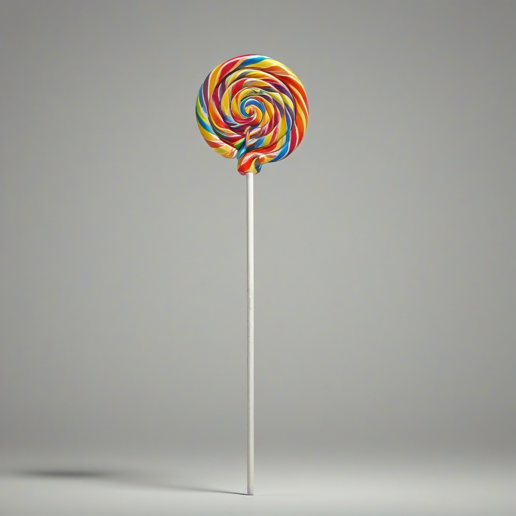 A colorful swirled lollipop, full-body view, on a plain white background, with a wide shot, and dynamic lighting, in a digital art style, with vibrant colors and detailed textures, and the lollipop is standing upright with its stick visible, on a plain white background, even lighting 