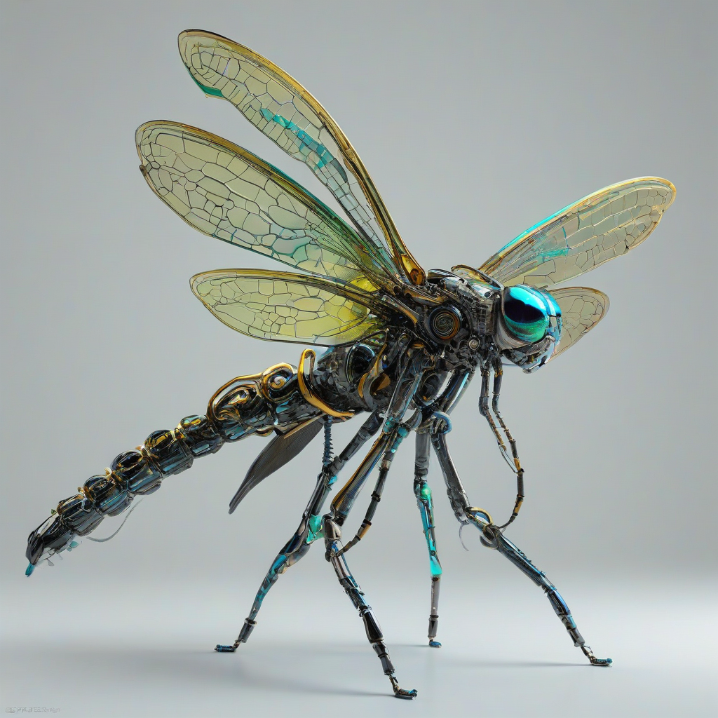 a biomechanical creature, Olive, full-body view, on a plain white background, with a mix of metallic and organic elements, vibrant neon colors, dragonfly wings attached to its back, and a futuristic aesthetic, in a wide shot, with dynamic shadows and backlight, in the style of vaporwave art, on a plain white background, even lighting