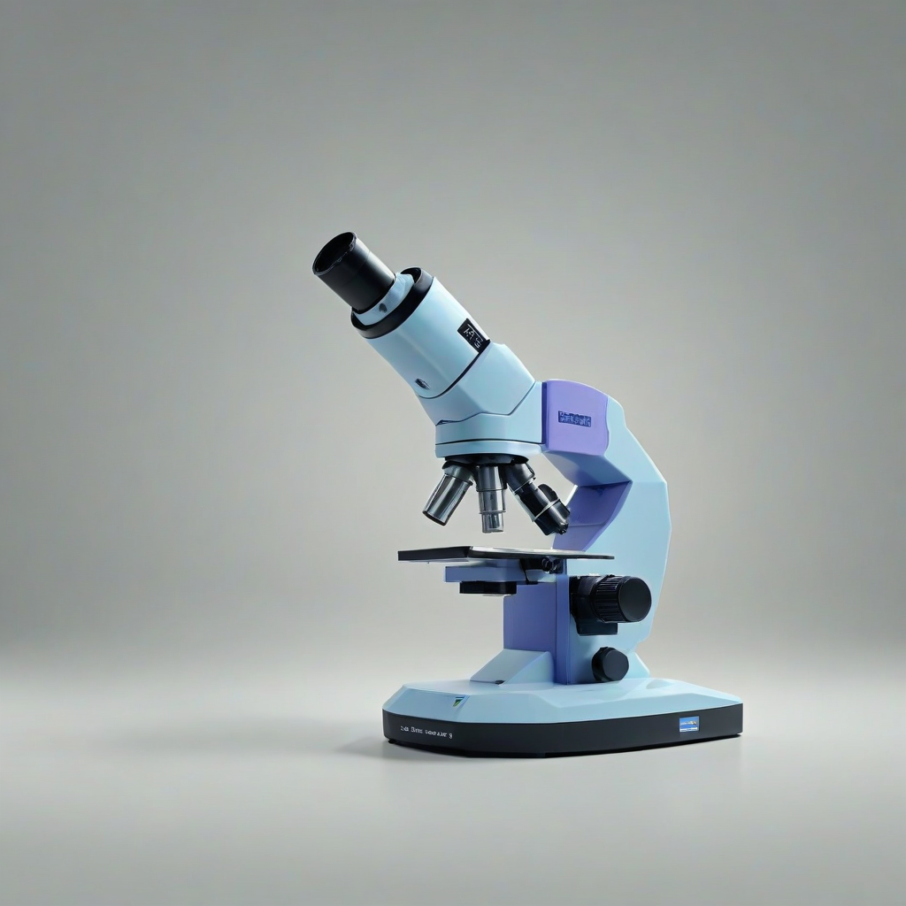 A low poly, periwinkle-colored microscope, with a wide-angle view, on a plain white background, featuring a minimalist and sleek design, with subtle shadows and soft lighting, in a digital art style, with the microscope's components, such as the lenses and stage, clearly visible, and the overall image having a clean and futuristic feel