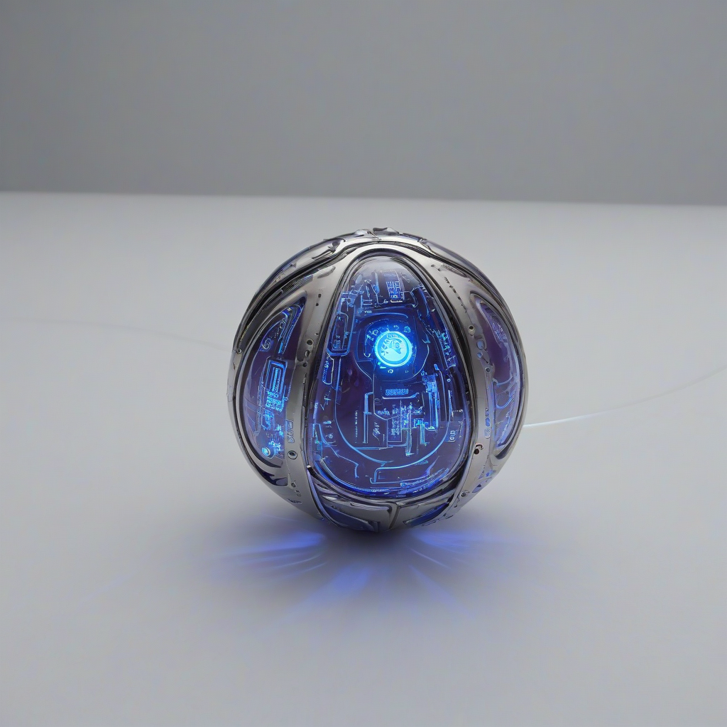A highly detailed, futuristic, full-body view of a magical artifact known as Plum, with a metallic sheen, glowing blue circuits, and an ethereal aura, set against a plain white background, in a wide-angle shot, with dynamic shadows and a soft, backlight, in the style of a digital illustration, with a sense of depth and dimensionality, on a plain white background, even lighting 