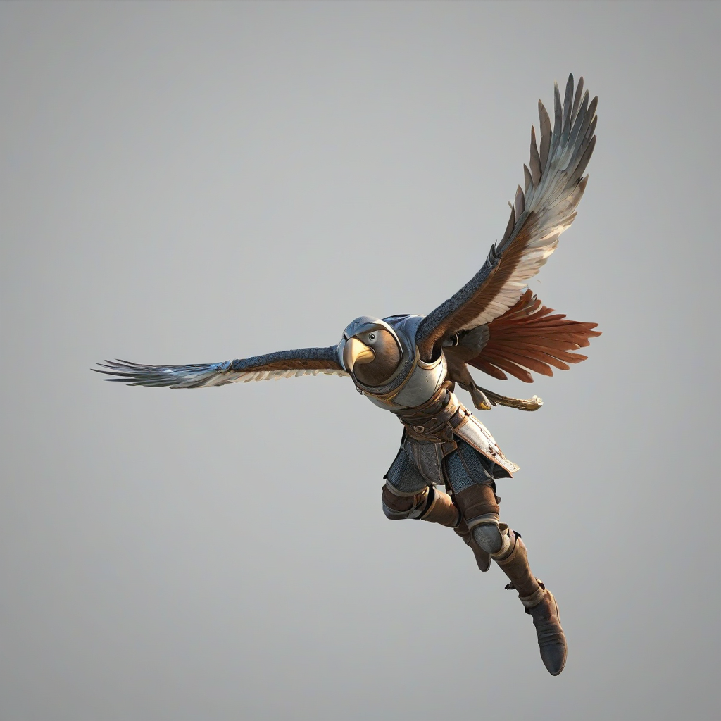 3d animation medieval flying hero bird, bright lighting, wide angle shot, on a plain white background, even lighting