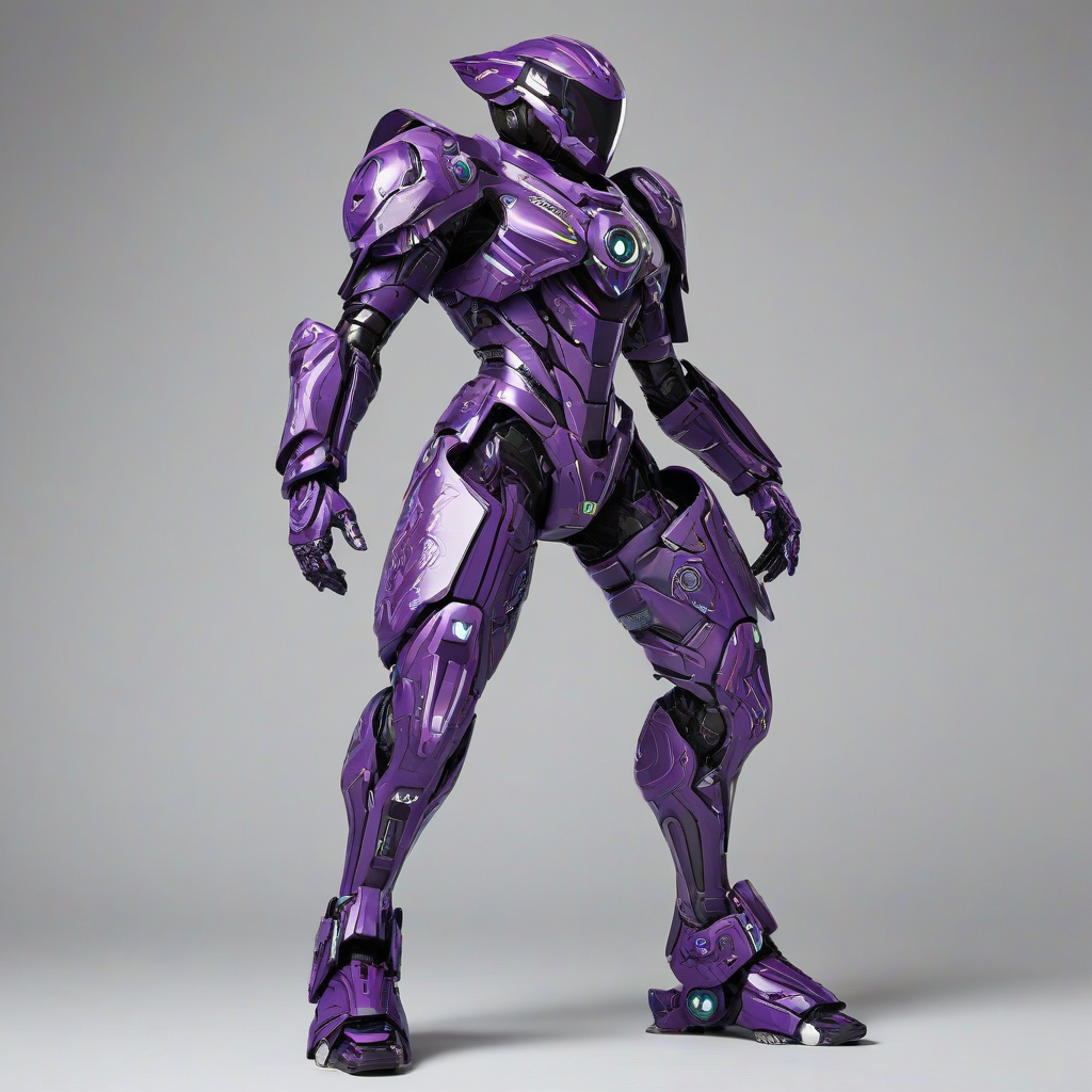 A full-body view of a sleek, purple mech suit with intricate, Afrofuturist-inspired designs and patterns, set against a plain white background, with a wide-angle shot and dynamic shadows, in a digital art style with a mix of futuristic and traditional African elements, with the mech suit's feet visible and its arms posed in a powerful stance, on a plain white background, even lighting
