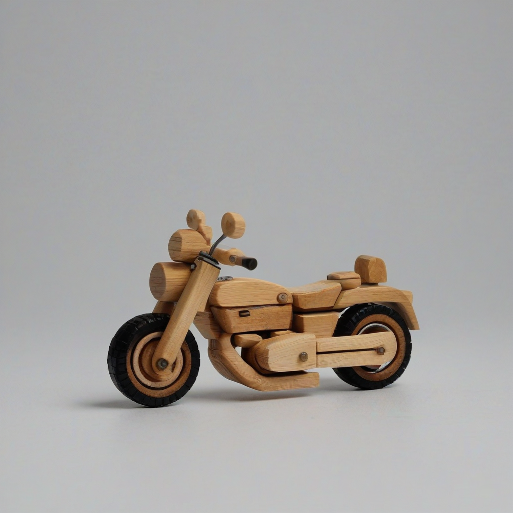toy motorcycle made out of wood blocks, wide angle shot, bright lighting, on a plain white background, even lighting