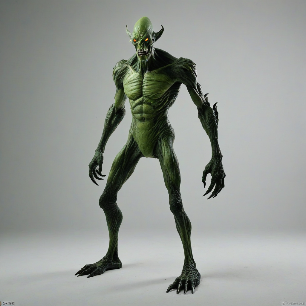 Dark fantasy monster, full-body view, on a plain white background, lime green skin, on a plain white background, even lighting 