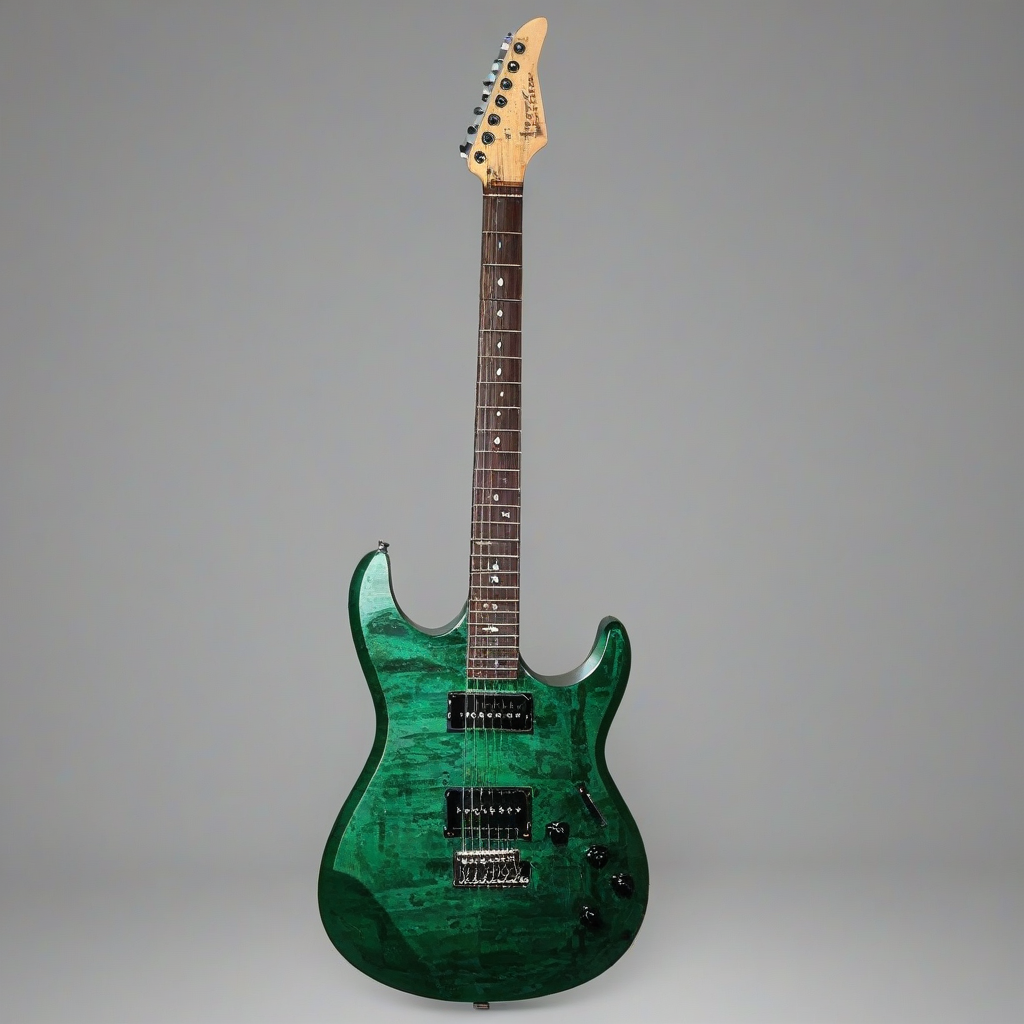 Emerald green grunge style electric guitar, full-body view, on a plain white background