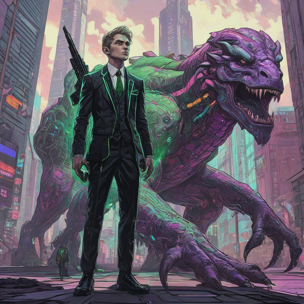 Neon Sam Guay style art of an elf man standing at ground level with one eyebrow raised and a neutral expression, looking up at a large cyber beast, wearing a sleek black suit with green, white, and purple neon accents on the lapels, holding a pistol in his right hand, on a plain white background, with a cyberpunk cityscape visible in the background, featuring towering skyscrapers, holographic advertisements, and neon lights.