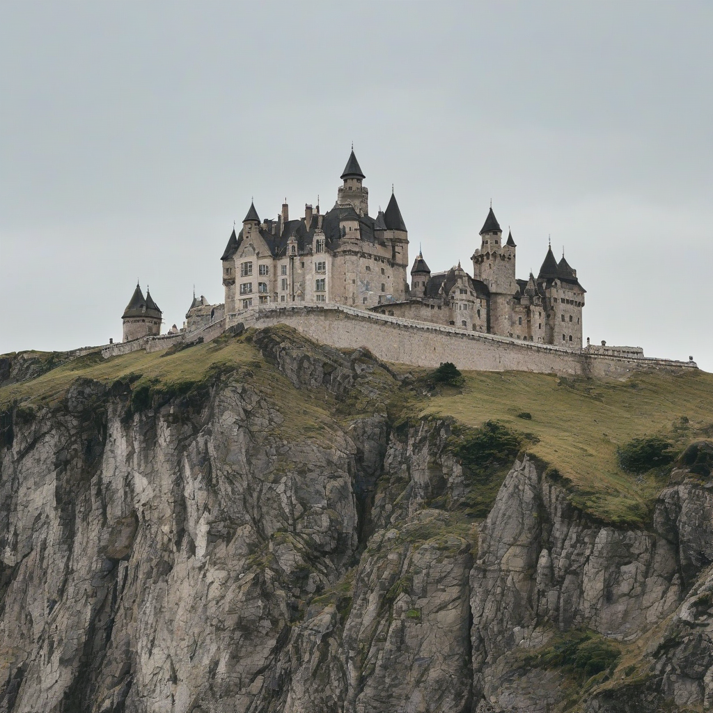 exterior of beautiful castle on a cliff, on a plain white background, even lighting