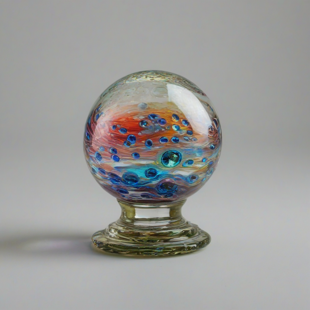 hand blown glass ball with jewel tone colors on it, on a plain white background, even lighting